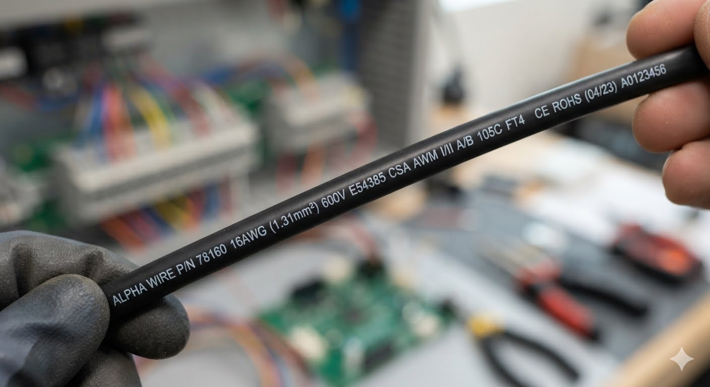 Readable manufacturer markings printed along an electrical cable jacket